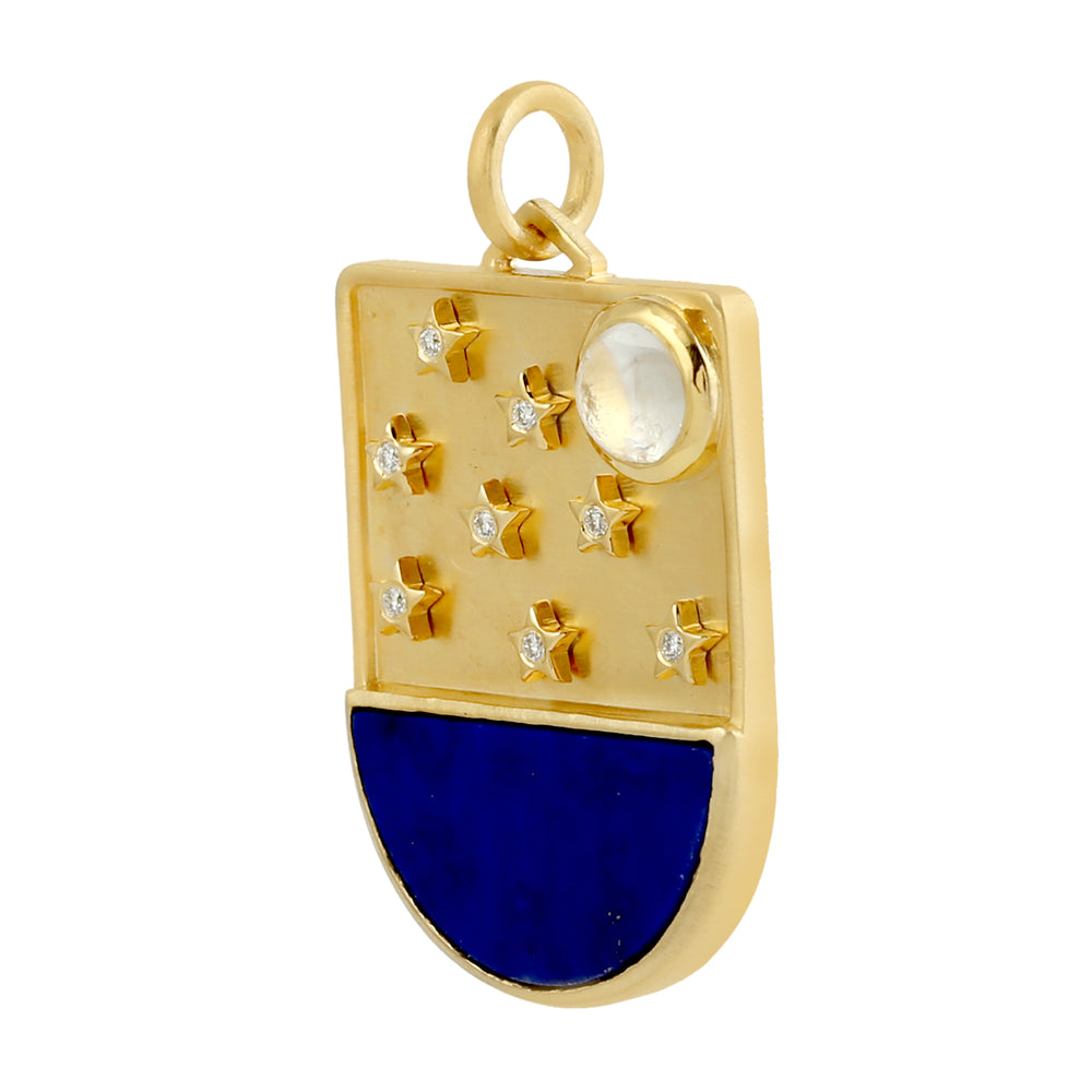 D Cut Lapis Bezel Moonstone Prong Diamond Sun Star Pendant In 14k Yellow Gold
