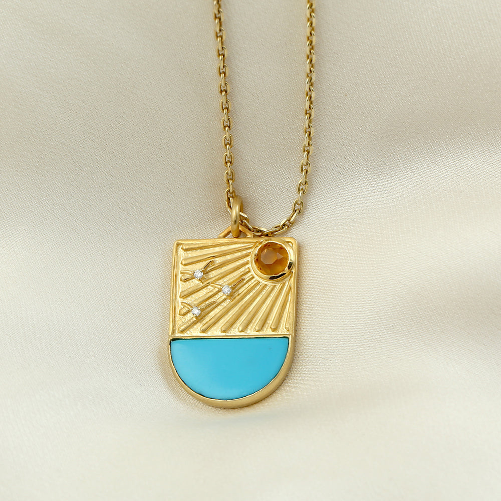 D-Cut Turquoise, Citrine & Diamond Sunlight Star Pendant in 14k Yellow Gold – Designer Fine Jewelry
