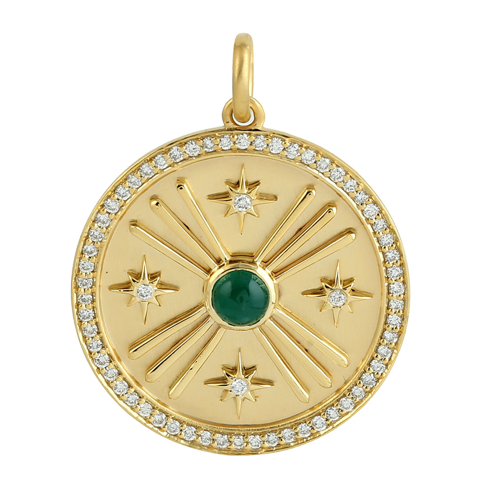 Bezel Set Emerald Pave Diamond Sun And Star Pendant In 14k Yellow Gold