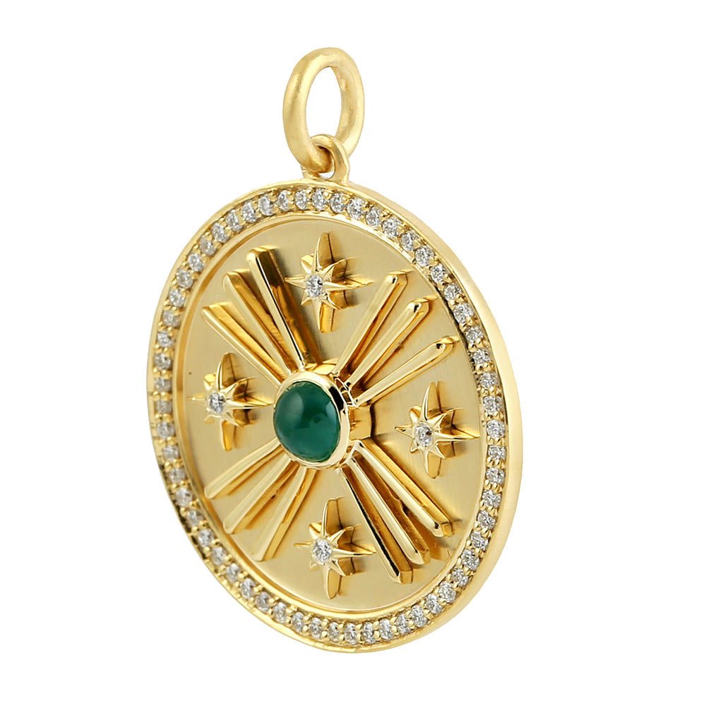 Bezel Set Emerald Pave Diamond Sun And Star Pendant In 14k Yellow Gold
