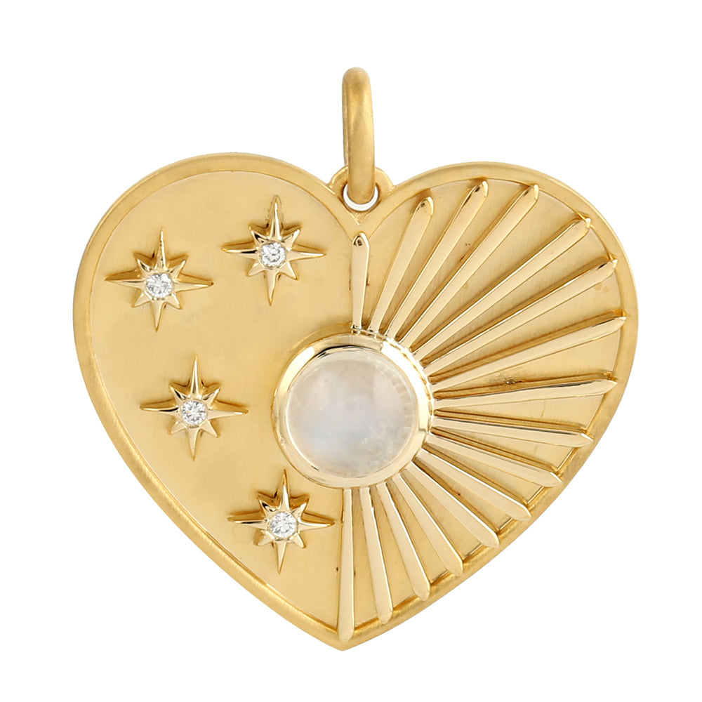 Natural Moonstone Diamond Carved Star Heart Pendant In 14k Gold