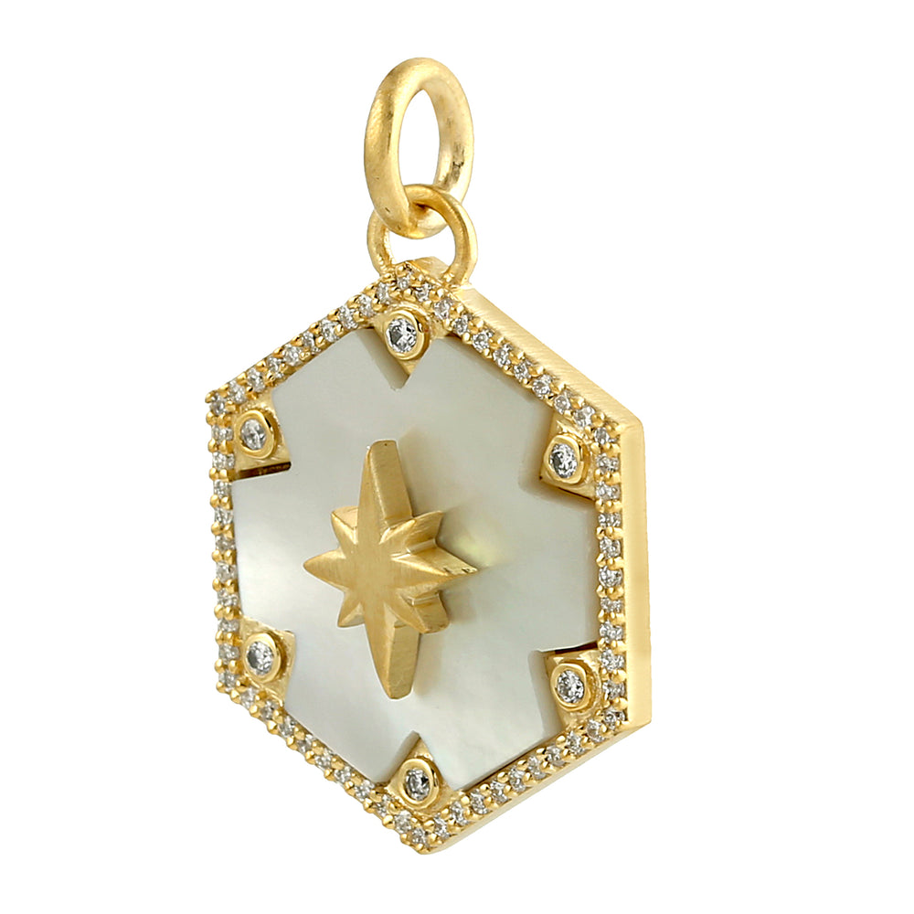 Fancy MOP Pave Diamond Shooting Star Hexagon Pendant In 14k Yellow Gold