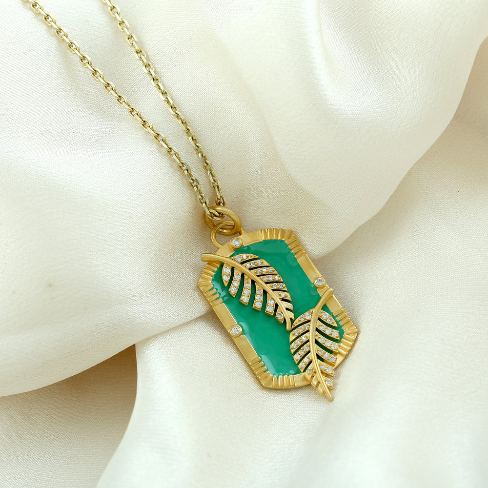 Pave Diamond Handmade Leaf Enamel Pendant In 14k Yellow Gold