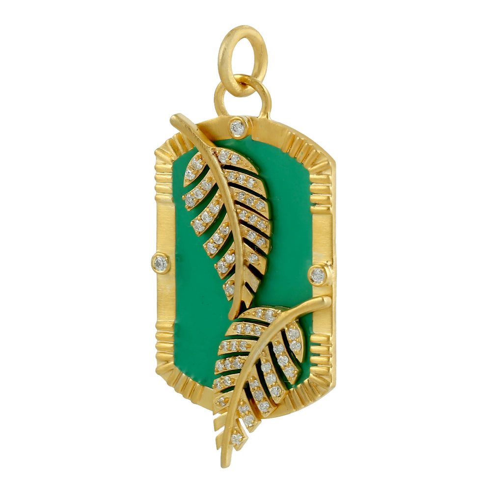 Pave Diamond Handmade Leaf Enamel Pendant In 14k Yellow Gold
