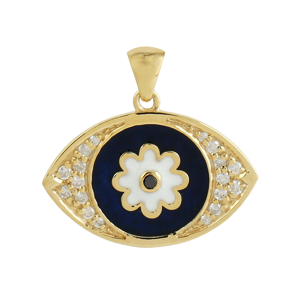 Natural Diamond Evil Eye Charm Enamel Pendant In 14k Yellow Gold