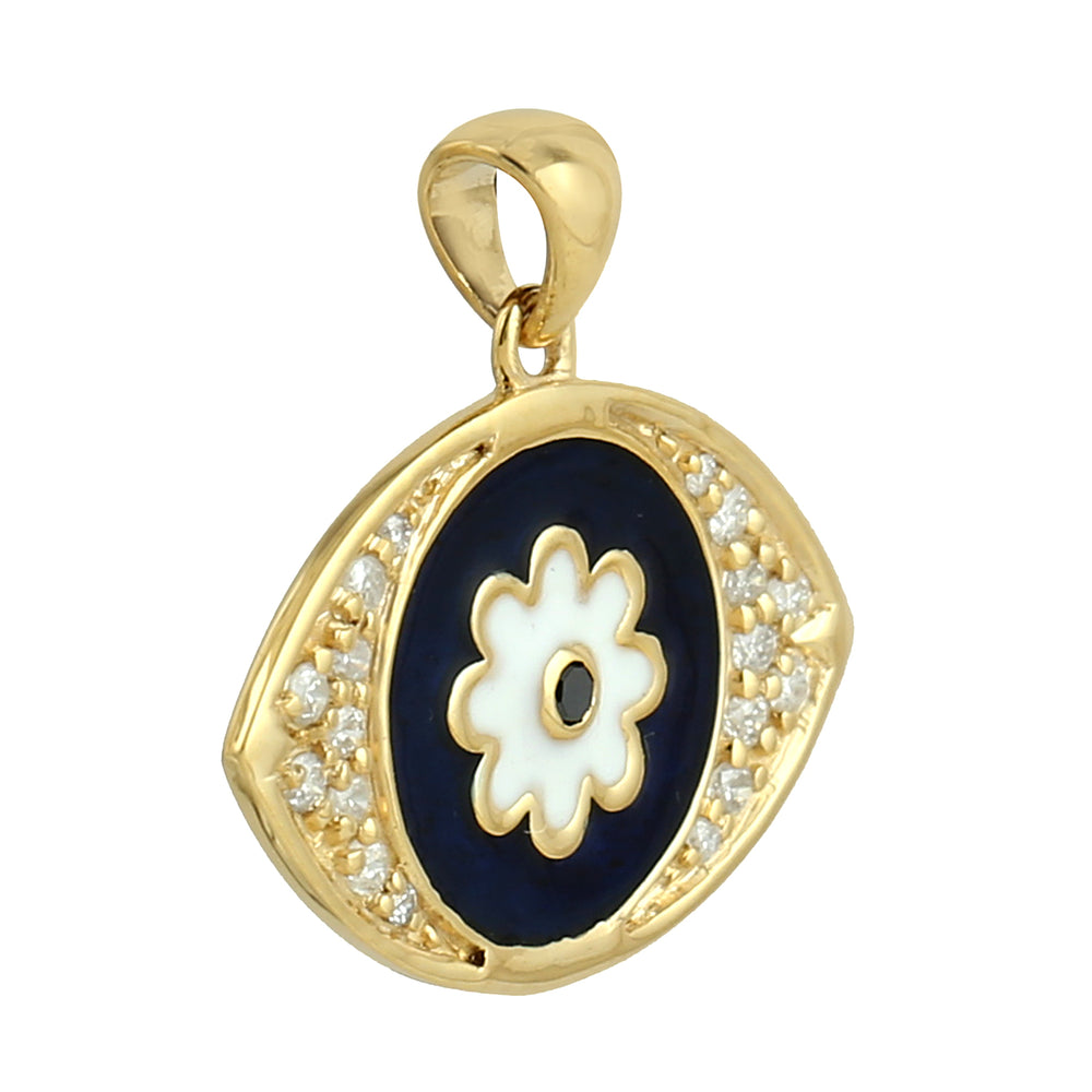 Natural Diamond Evil Eye Charm Enamel Pendant In 14k Yellow Gold