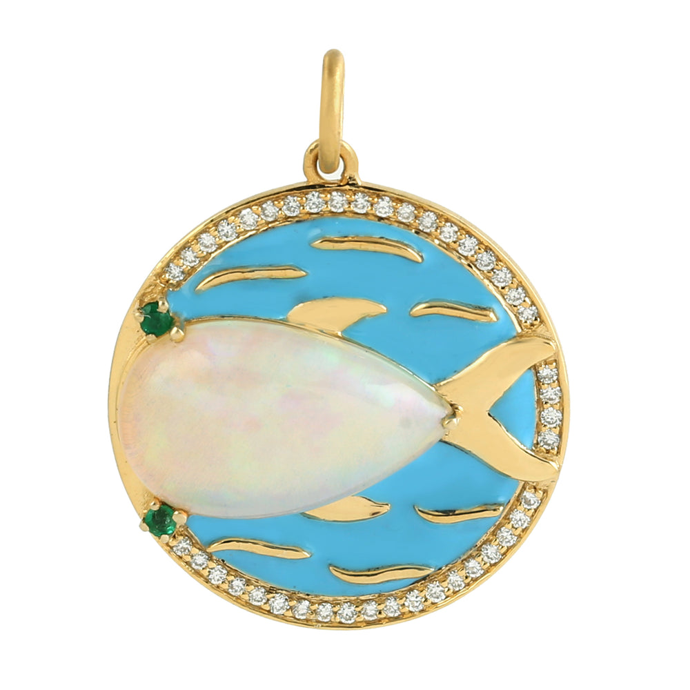 Opal Ethiopian Emerald Diamond Fish Ocean 14k Yellow Gold Pendant Jewelry