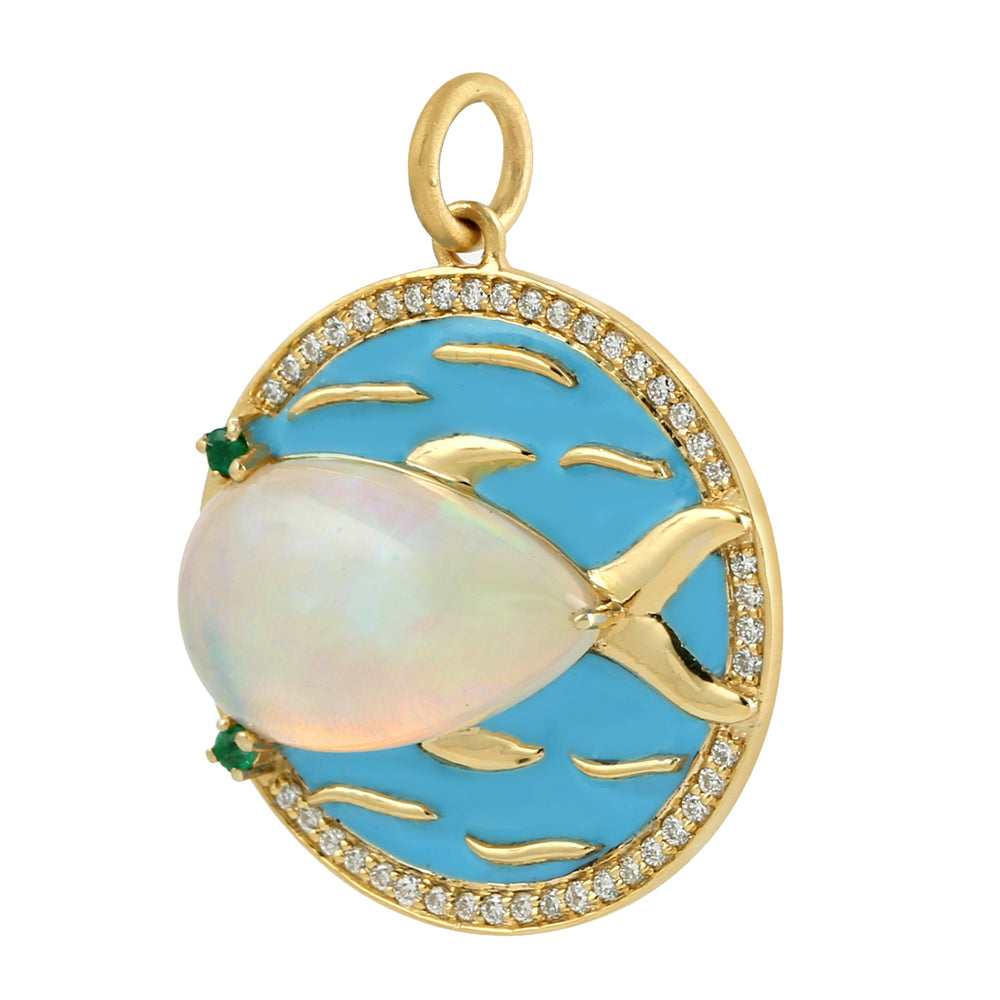 Opal Ethiopian Emerald Diamond Fish Ocean 14k Yellow Gold Pendant Jewelry