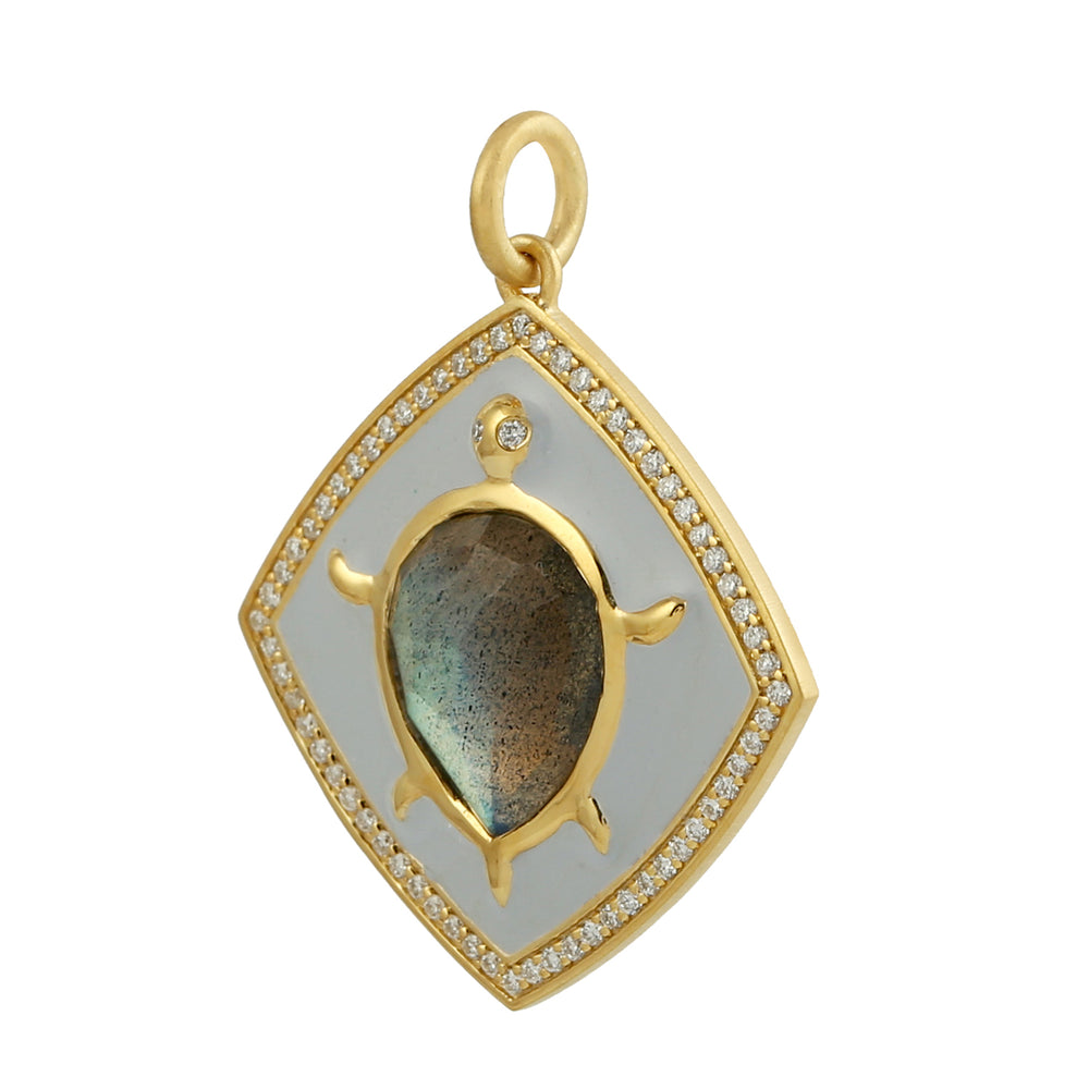 Labradorite Diamond Turtle Pendant In 14k Yellow Gold For Gift