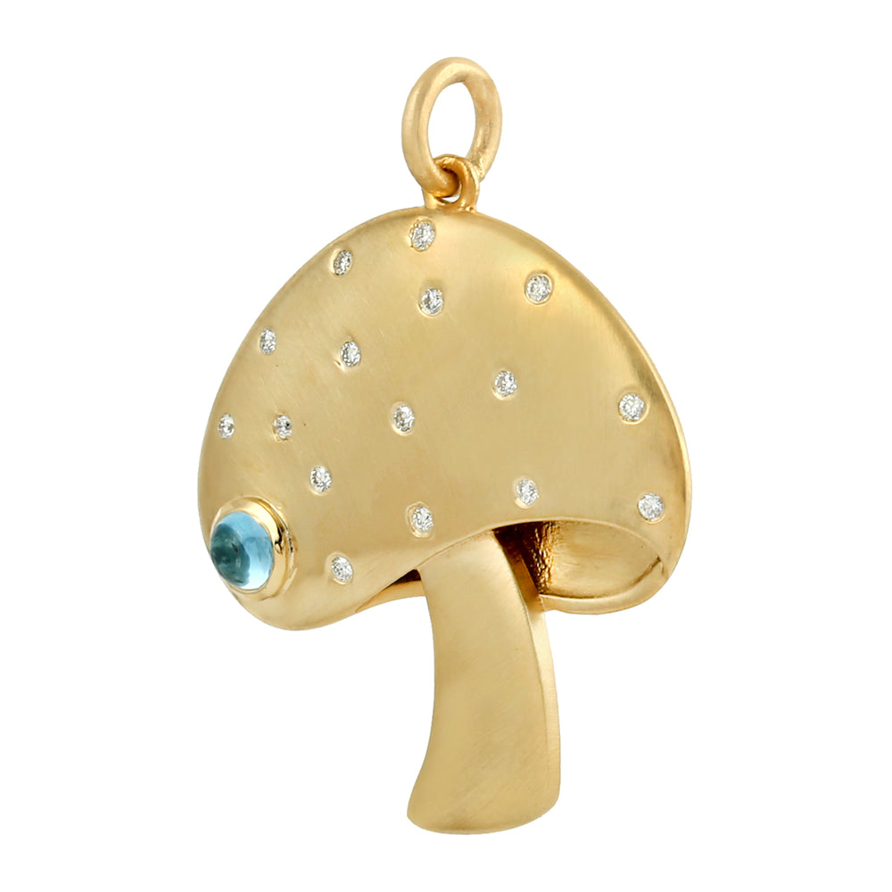 Blue Topaz Bezel Diamond Mushroom Pendant In 14K Yellow Gold For Gift