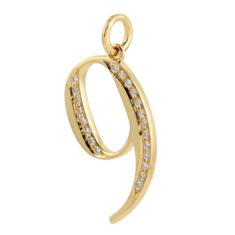 Natural Diamond Pave "9" Initial Numeric Pendant Jewelry In 14k Yellow Gold