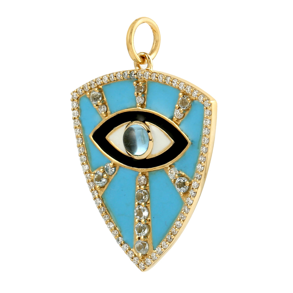 Natural Topaz Diamond Evil Eye Enamel Trillion Pendant 14k Gold