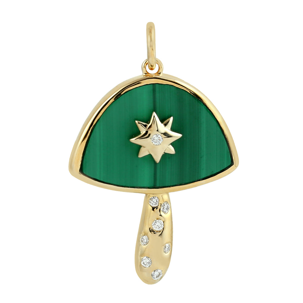 Beautiful Malachite Diamond Mushroom Pendant 14k Gold