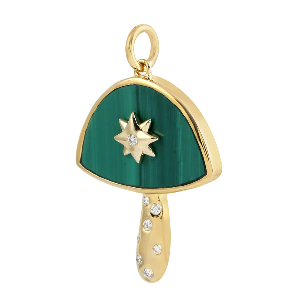 Beautiful Malachite Diamond Mushroom Pendant 14k Gold