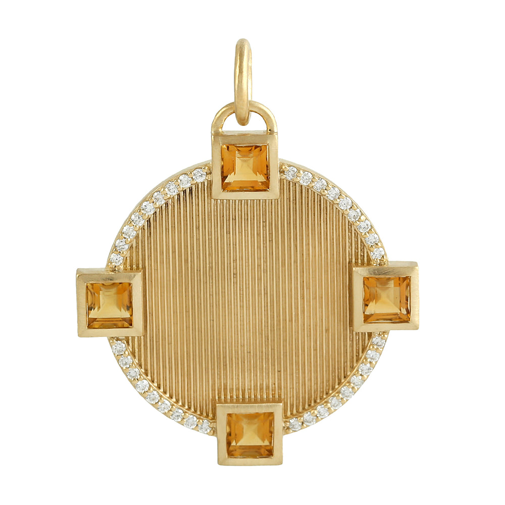Square Cut Citrine November Birthstone Pave Diamond Disc Pendant In 14k Yellow Gold