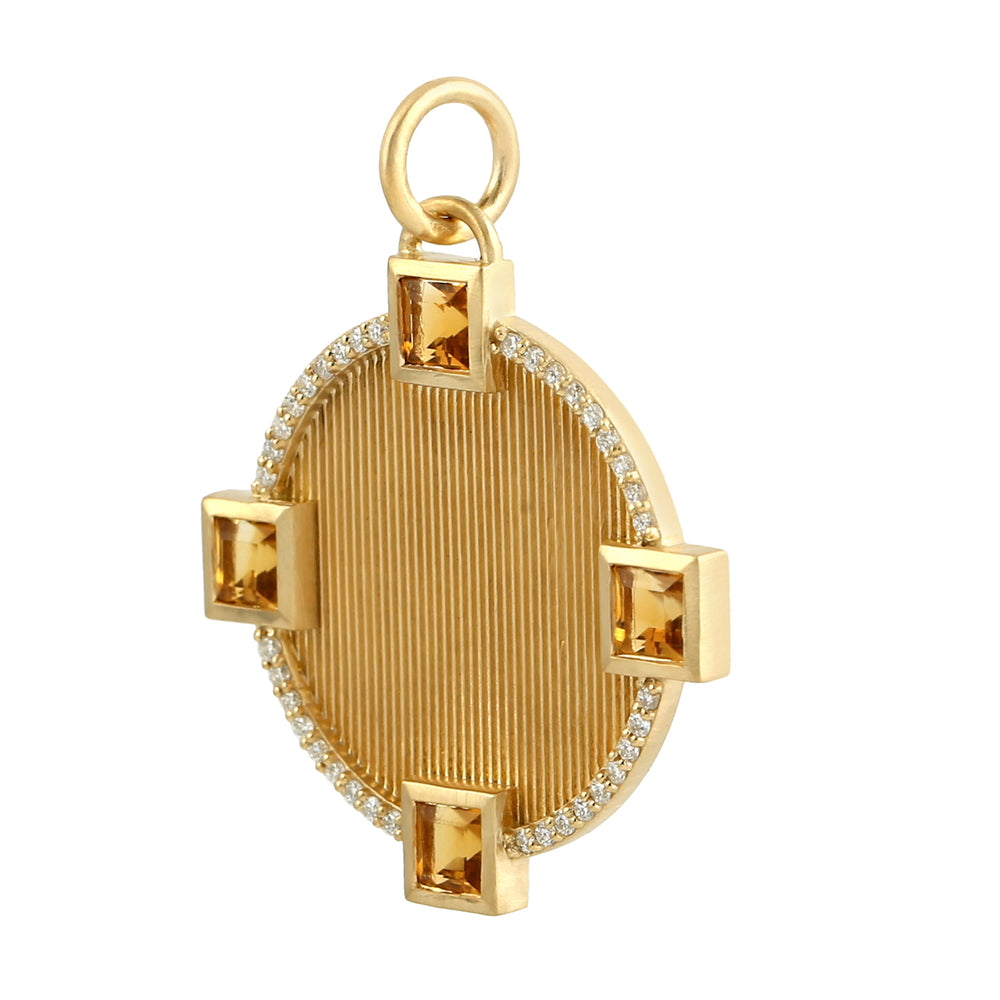 Square Cut Citrine November Birthstone Pave Diamond Disc Pendant In 14k Yellow Gold
