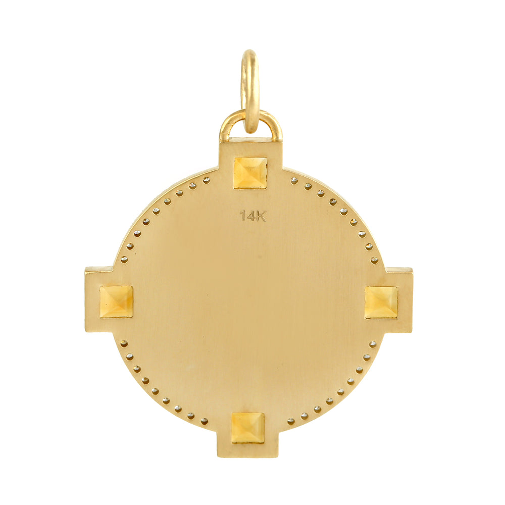 Square Cut Citrine November Birthstone Pave Diamond Disc Pendant In 14k Yellow Gold