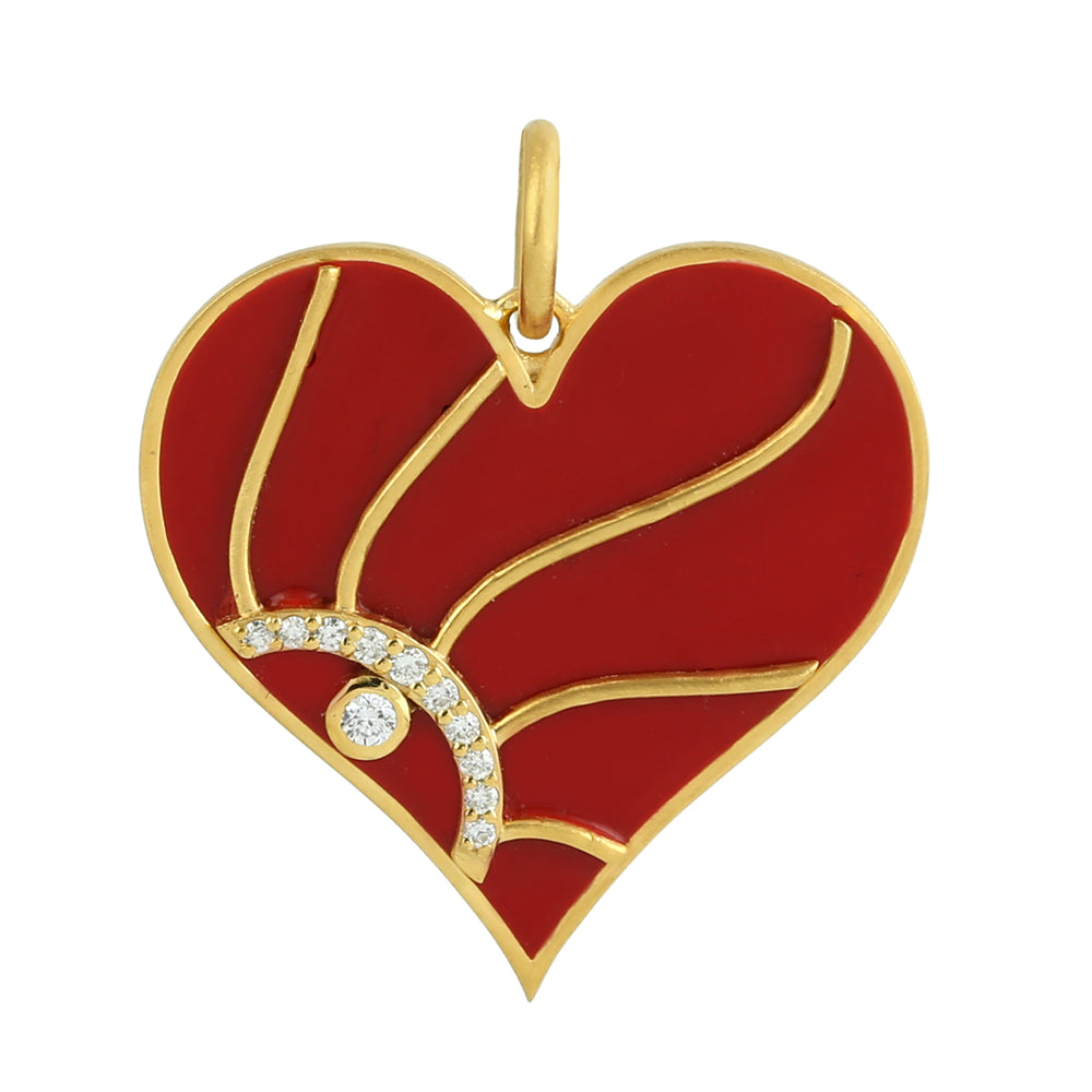 Natural Diamond Red Enamel Heart Charm 14k Yellow Gold Pendant