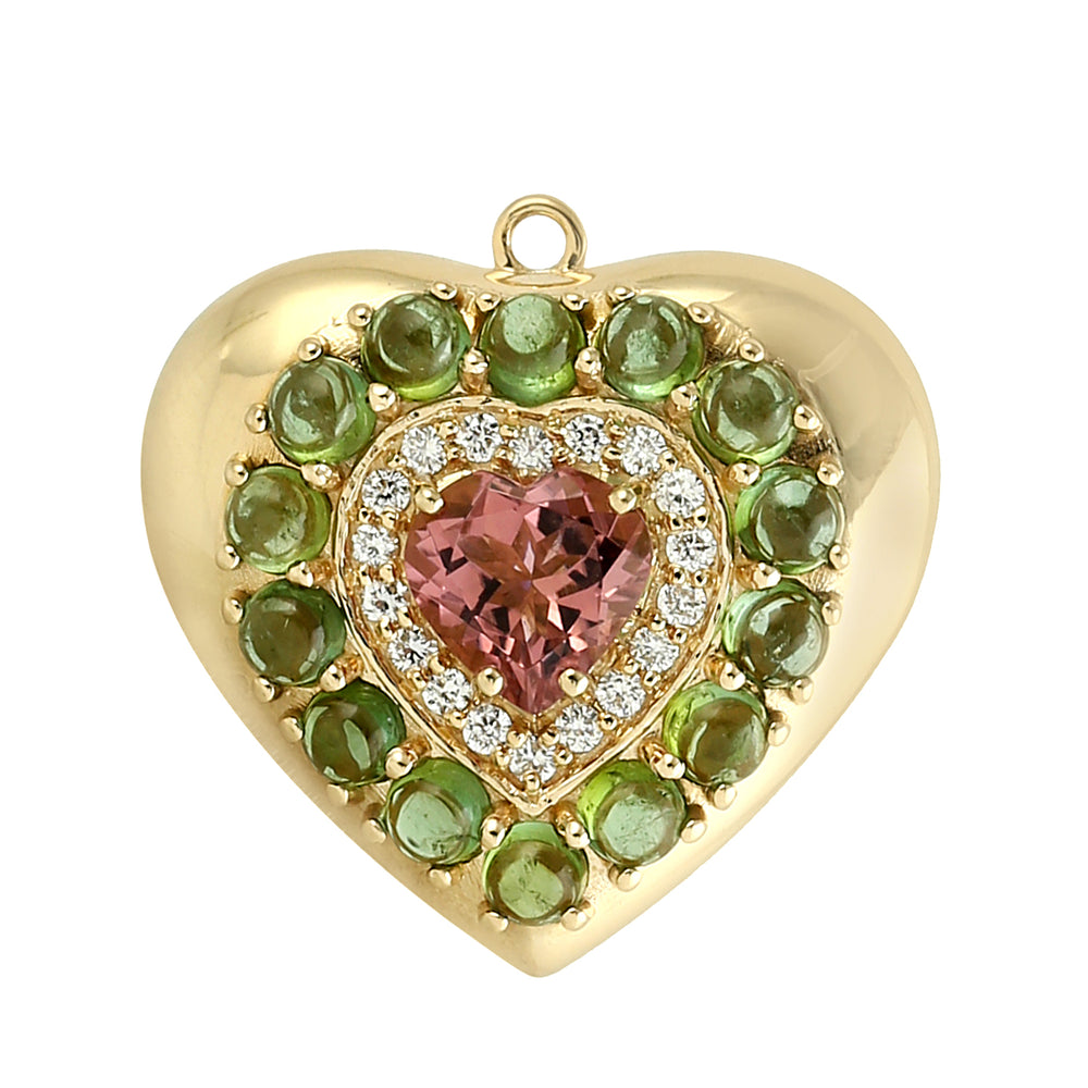 Multi Tourmaline Pave Diamond In 14k Yellow Gold Heart Pendant Love Gift For Her