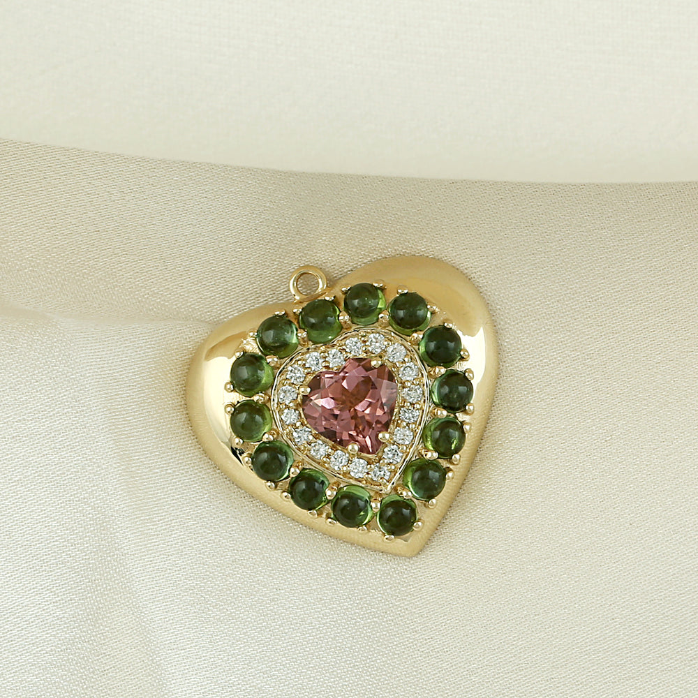 Multi Tourmaline Pave Diamond In 14k Yellow Gold Heart Pendant Love Gift For Her