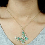 Baguette Emerald Pave Diamond Butterfly Charm Pendant In 14k Yellow Gold For Gift