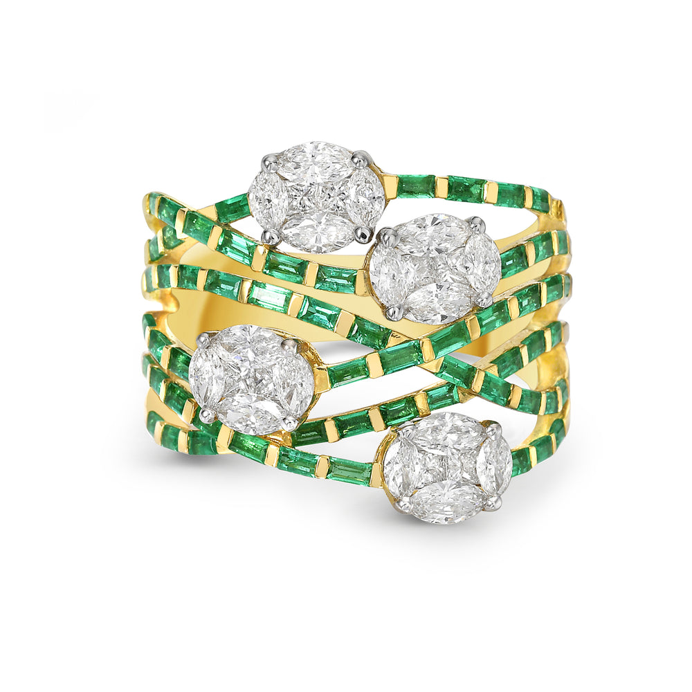 Marquise Diamond Emerald Cross Over Design Wedding Band Ring In Yellow Gold For Sale