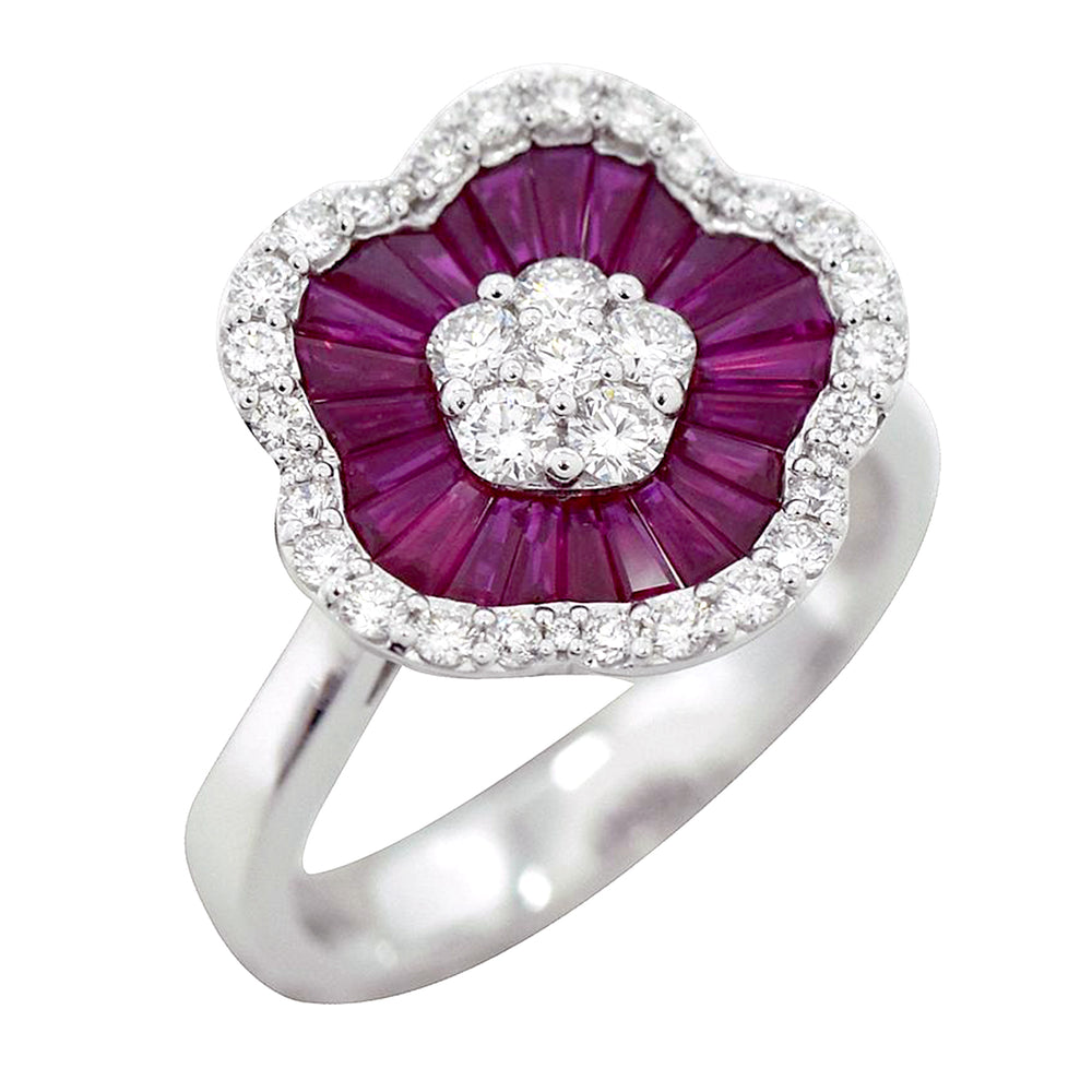 Tapered Baguette Ruby Pave Diamond Daisy Copcktail Ring In 18k  White Gold Sale