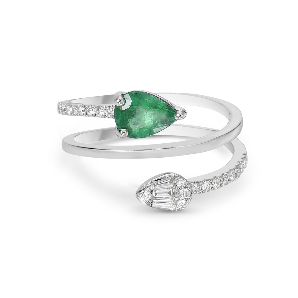 Pear Cut Emerald Natural Diamond Spiral Design Ring In 18k Gold