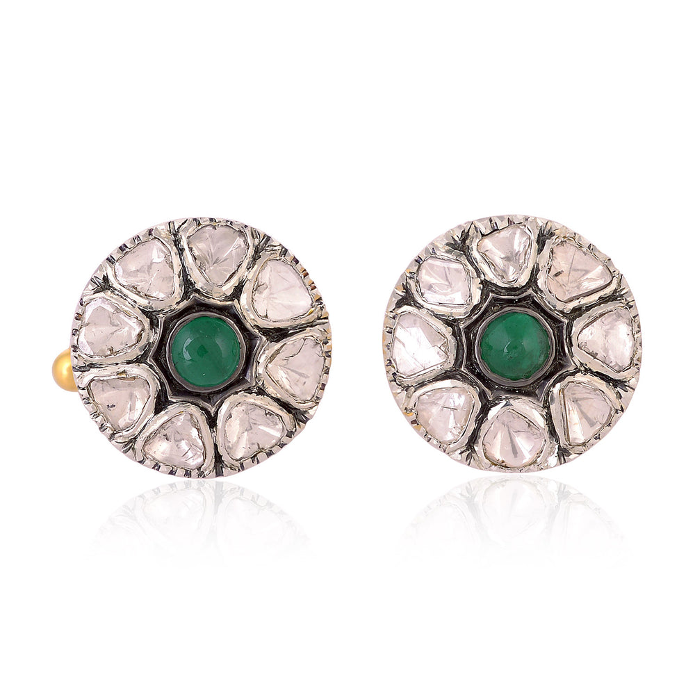 925 Sterling Silver Uncut Diamond Bezel Set Emerald Gemstone Men's Cufflinks