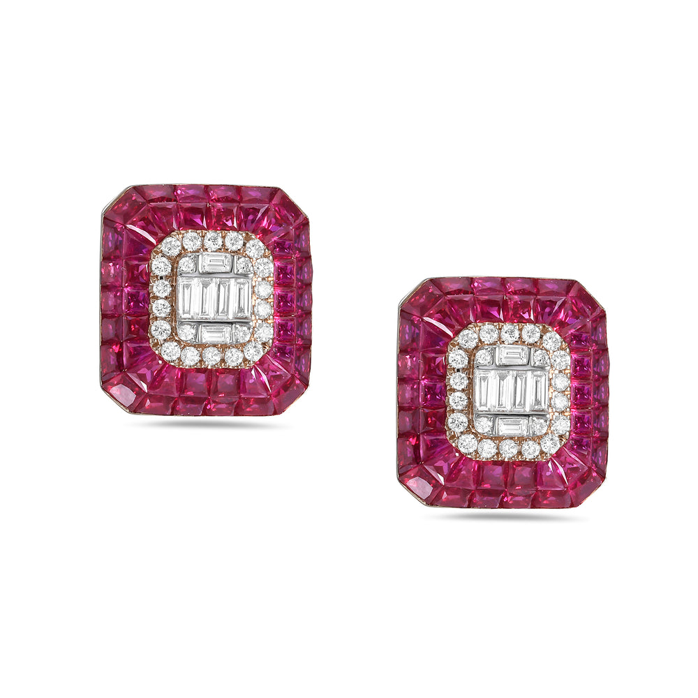 Channel Set Ruby Diamond Octagon Stud Earrings in Rose Gold