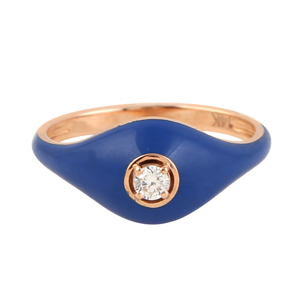 14k Yello Gold Solitaire Diamond Enamel Ring Unisex Jewelry