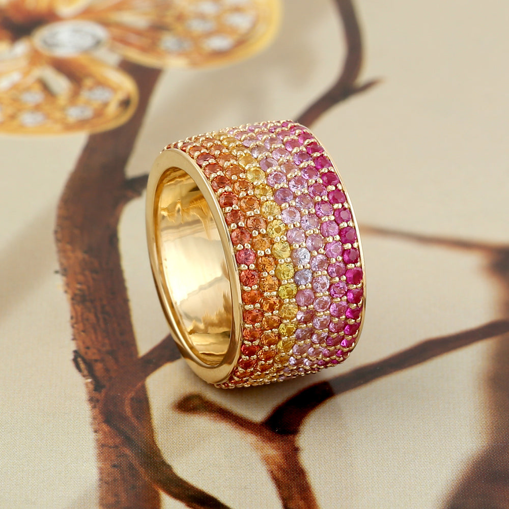 Beautiful yellow gold 18k multicoloured sapphire pave ring for her