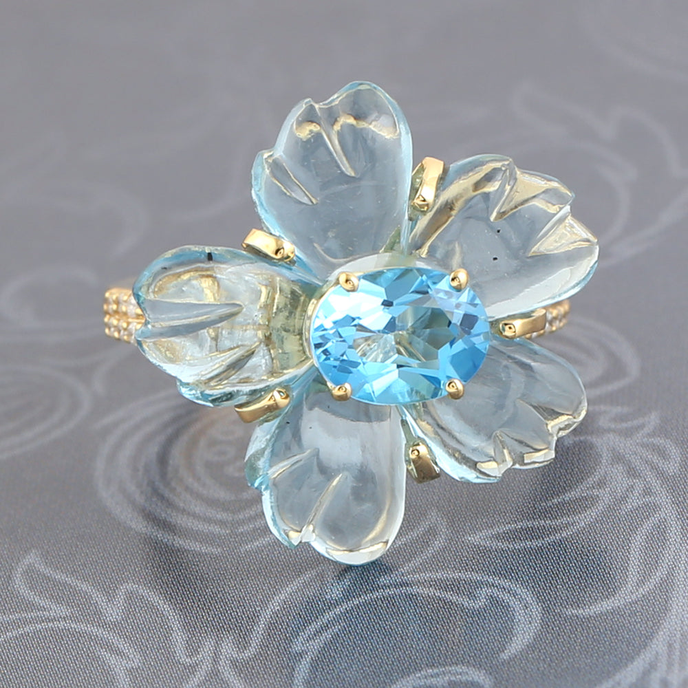 Flower Carved Gemstone Blue Topaz Pave Diamond Cocktail Ring In 18k Yellow Gold For Her