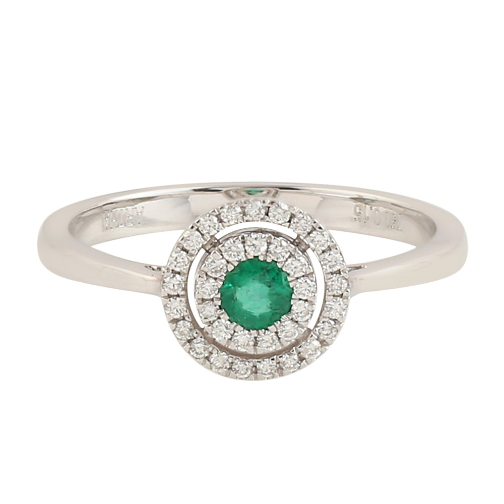 Natural Emerald & Pave Diamond Double Halo Ring In 18k White Gold For Her