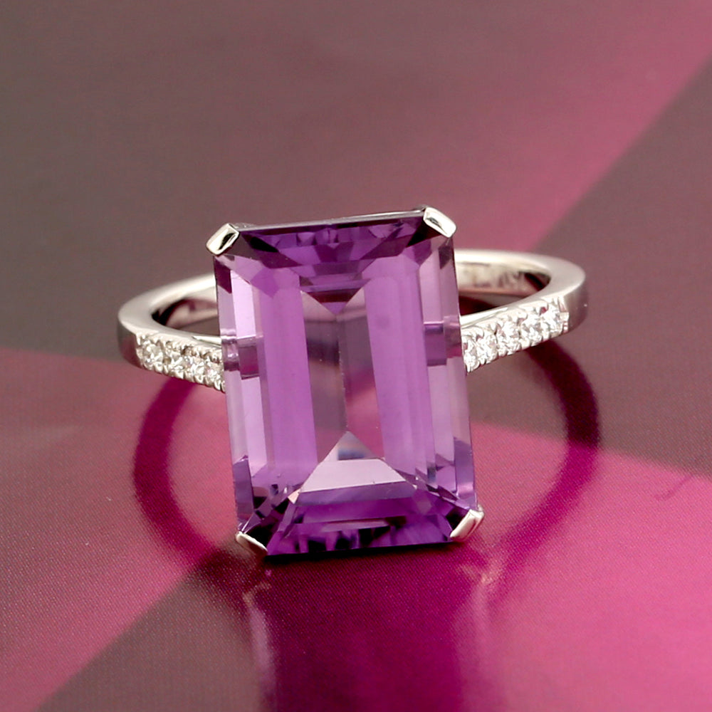 18k White Gold Baguette Cut Amethyst Pave Diamond Handmade Solitaire Ring