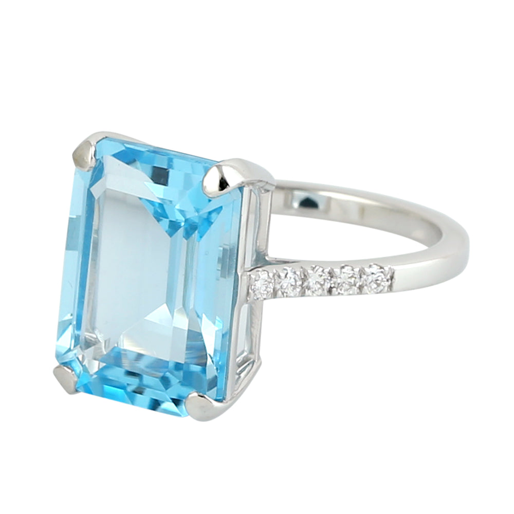 Emerald Cut Blue Topaz Pave Diamond In 18K White Gold Solitaire Ring
