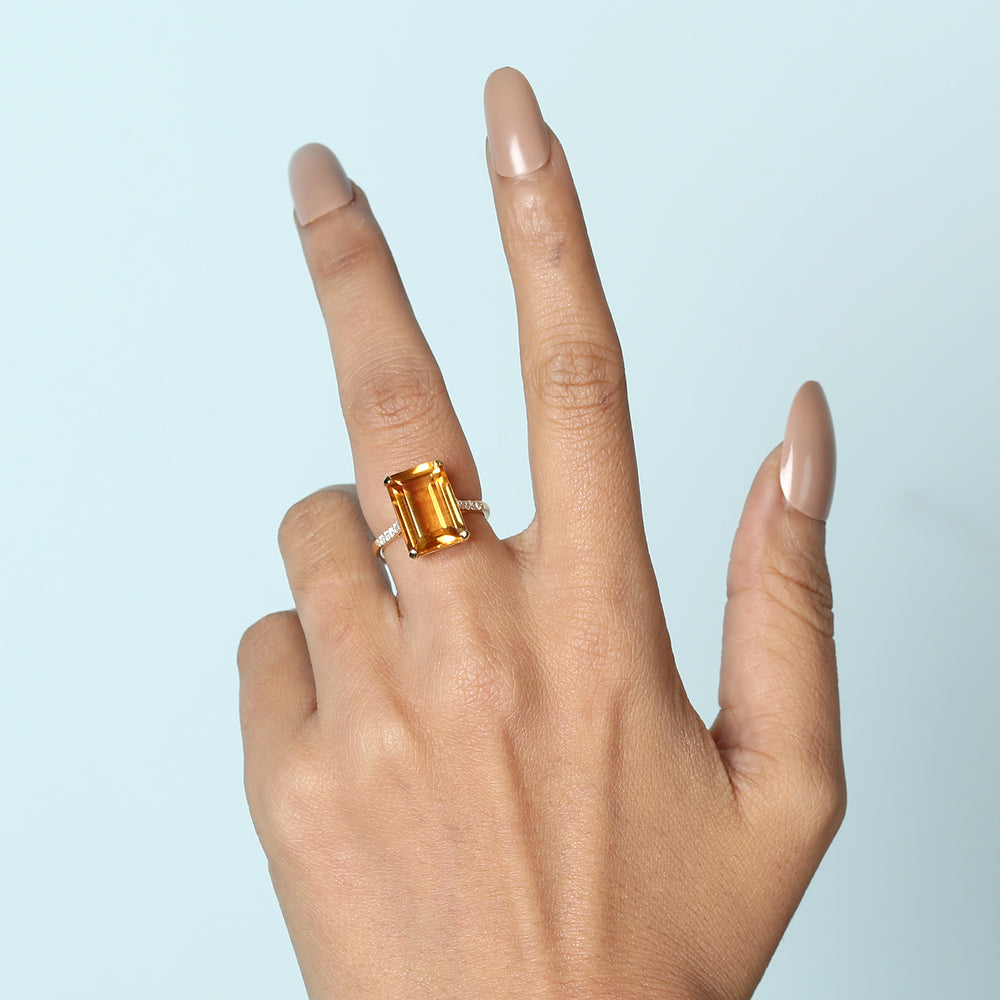 Emerald Cut Citrine Pave Diamond In 18K Yellow Gold Solitaire Ring
