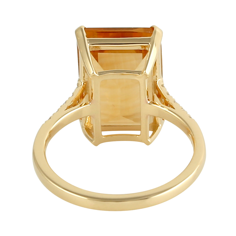 Emerald Cut Citrine Pave Diamond In 18K Yellow Gold Solitaire Ring