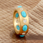 Gyspy Set Natural Diamond & Turquoise Gemstone Band Ring Jewelry In 18k Yellow Gold