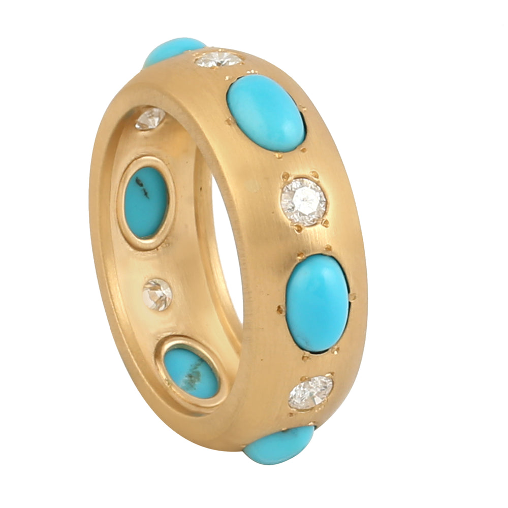 Gyspy Set Natural Diamond & Turquoise Gemstone Band Ring Jewelry In 18k Yellow Gold