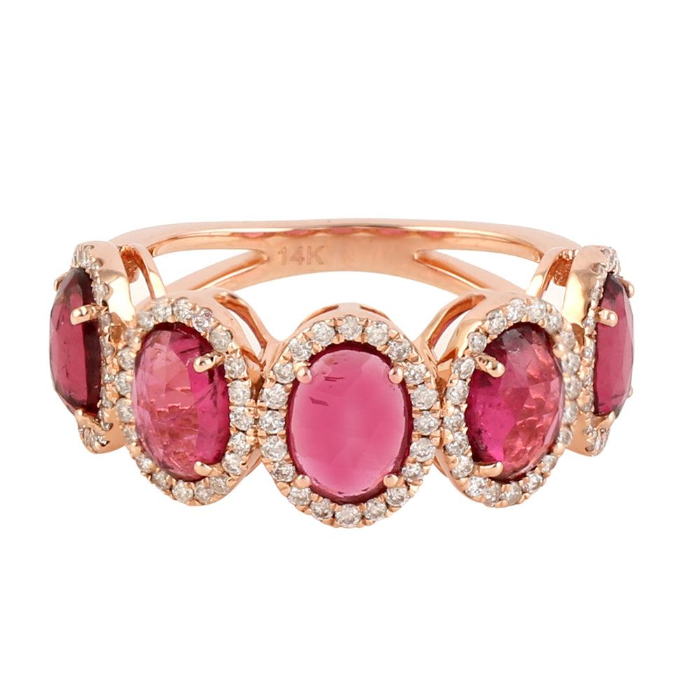 Pink Tourmaline Pave Diamond 14k Rose Gold Band Ring