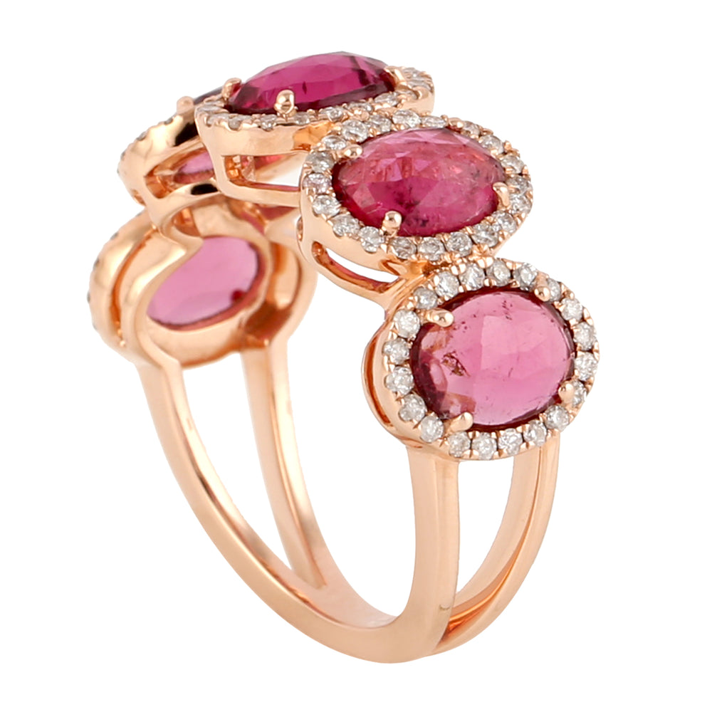 Pink Tourmaline Pave Diamond 14k Rose Gold Band Ring