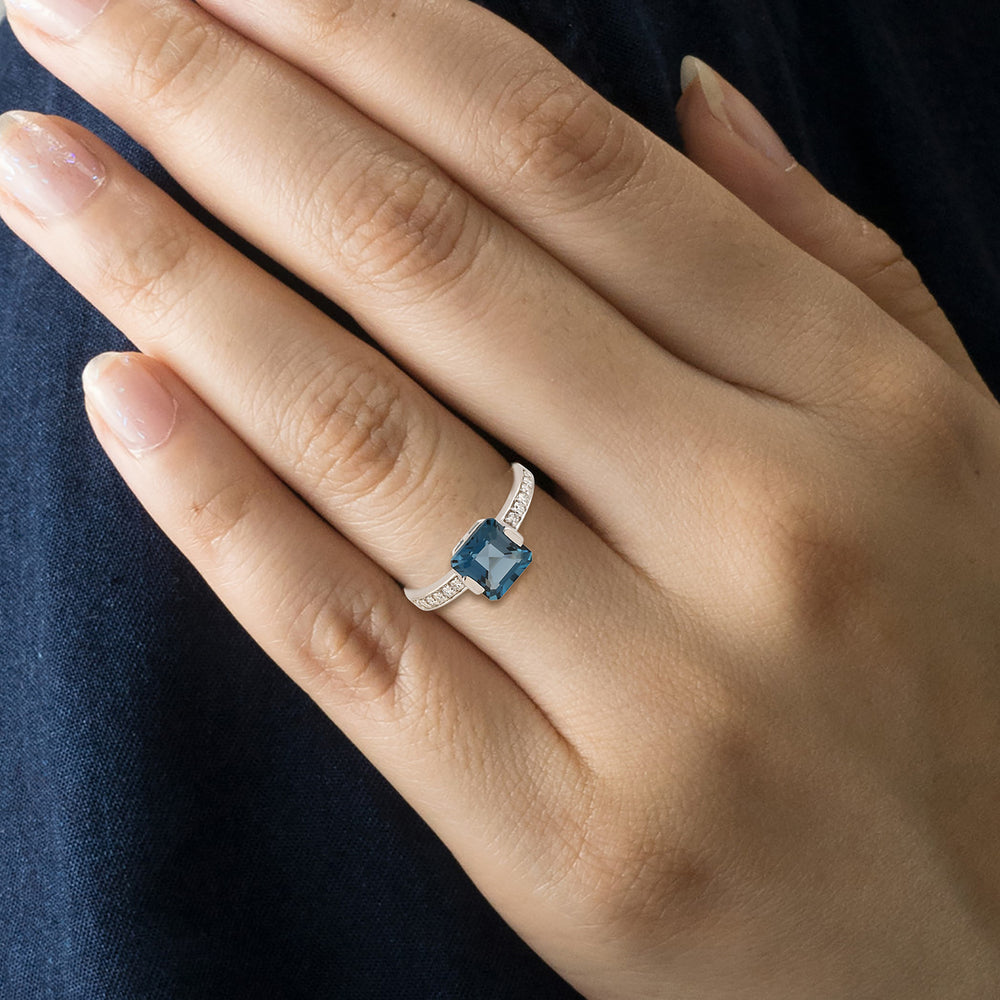 Square London Topaz Pave Diamond Solitaire Ring In 18k White Gold