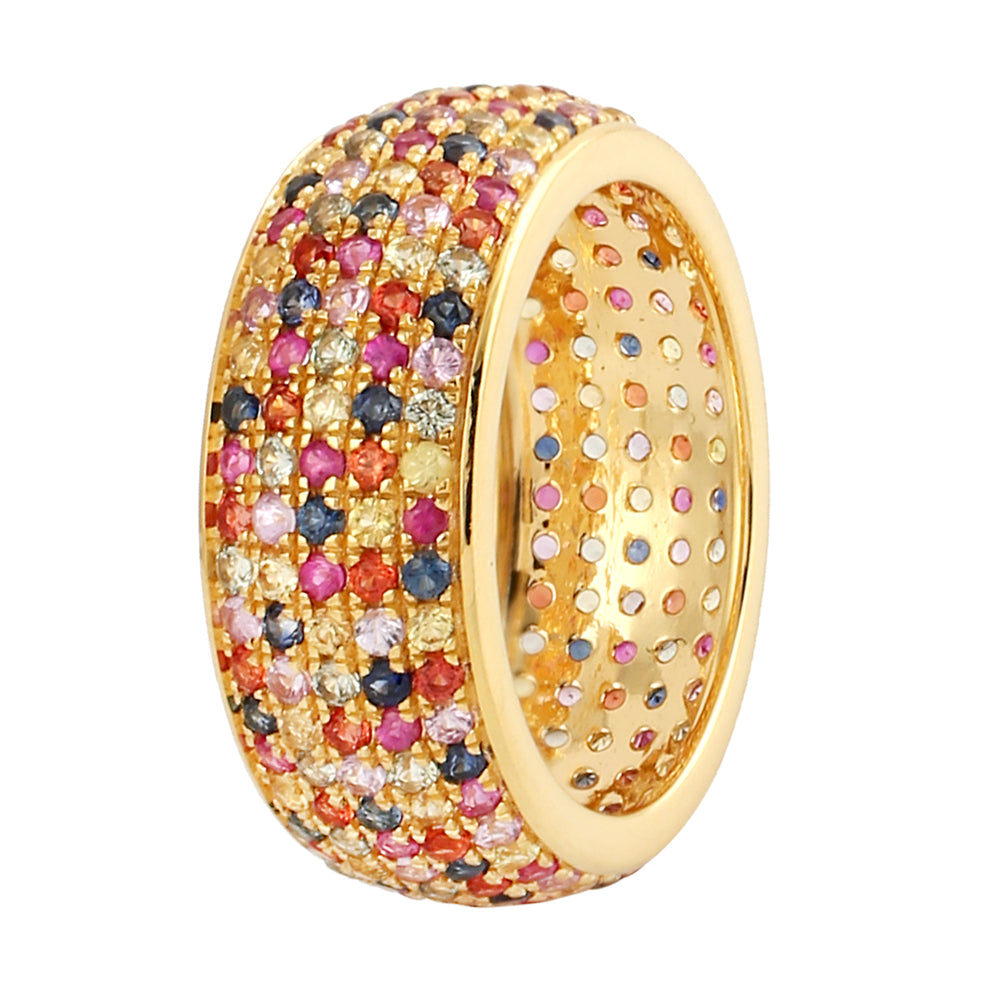 Multicolor Sapphire Wide Band Ring In 18k Yellow Gold For Gift