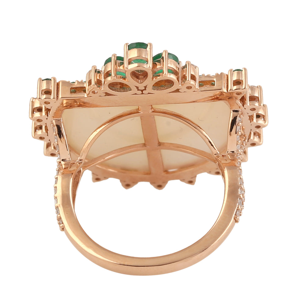 18k Rose Gold D Cut MOP Pear Emerald Pave Diamond Cocktail Ring