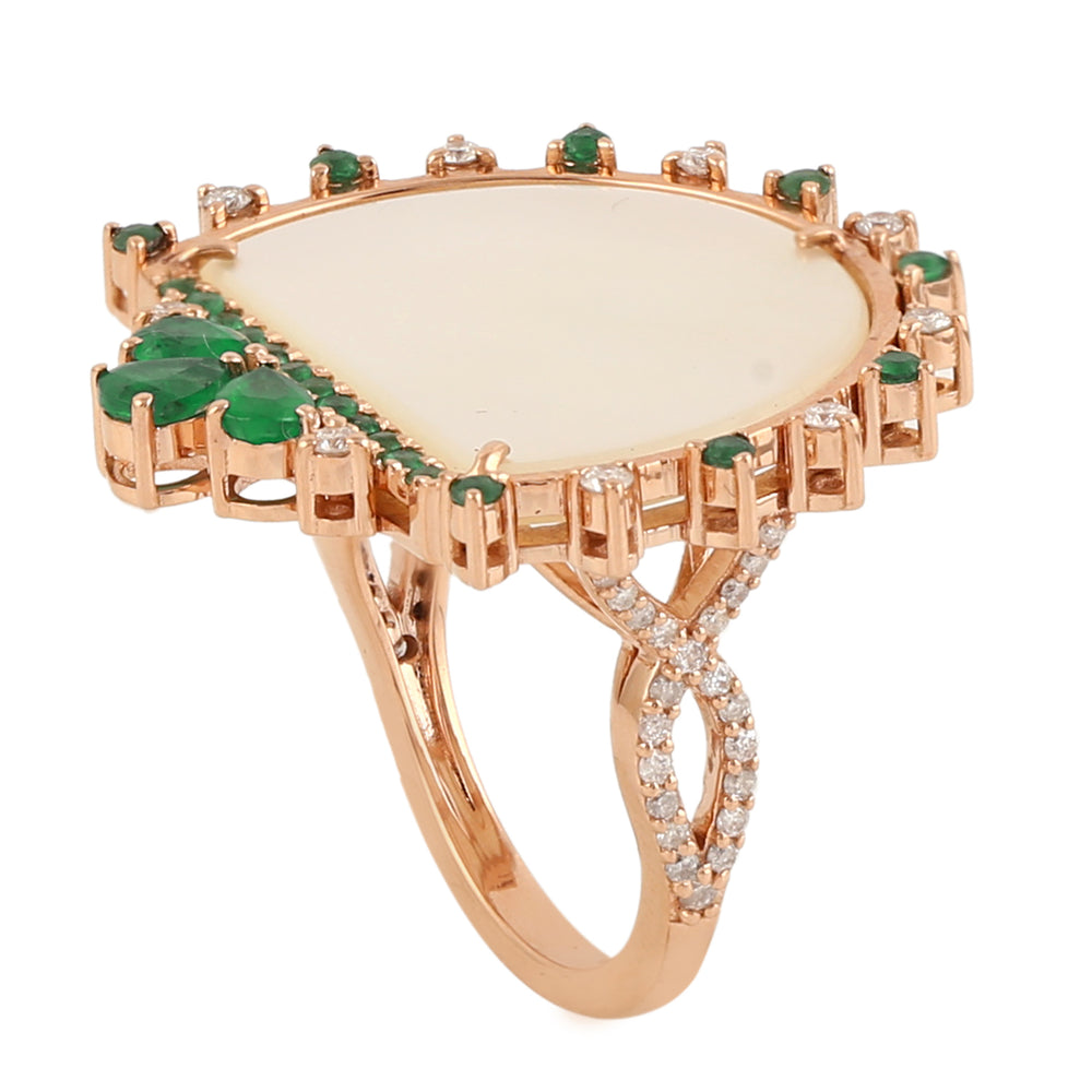 18k Rose Gold D Cut MOP Pear Emerald Pave Diamond Cocktail Ring