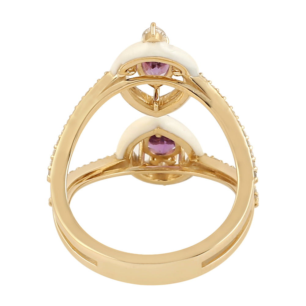 14k Yellow Gold Micro Pave Diamond Pear Cut Amethyst Enamel Designer Ring