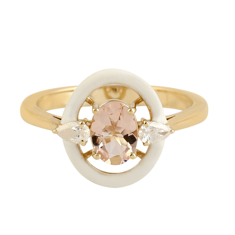 Oval Cut Morganite & Rose Cut Diamond Enamel Ring In 14k Yellow Gold