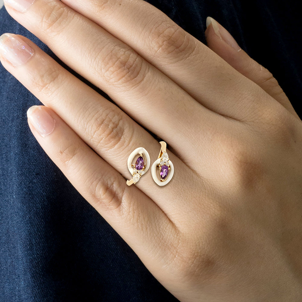 Pear Amethyst Gemstone Diamond Enamel Bypass Ring In 14k Yellow Gold
