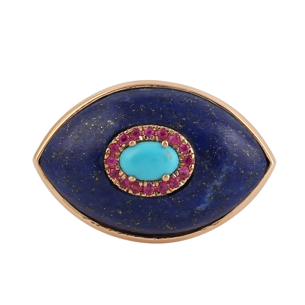 14k Rose Gold Bezel Set Marquise Lapis Pave Ruby & Turquoise Evil Eye Charm Ring Jewelry